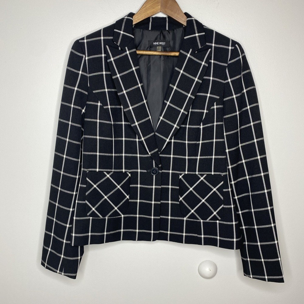 Nine West Jacket Women's Size 8 Black & White Plaid Blazer